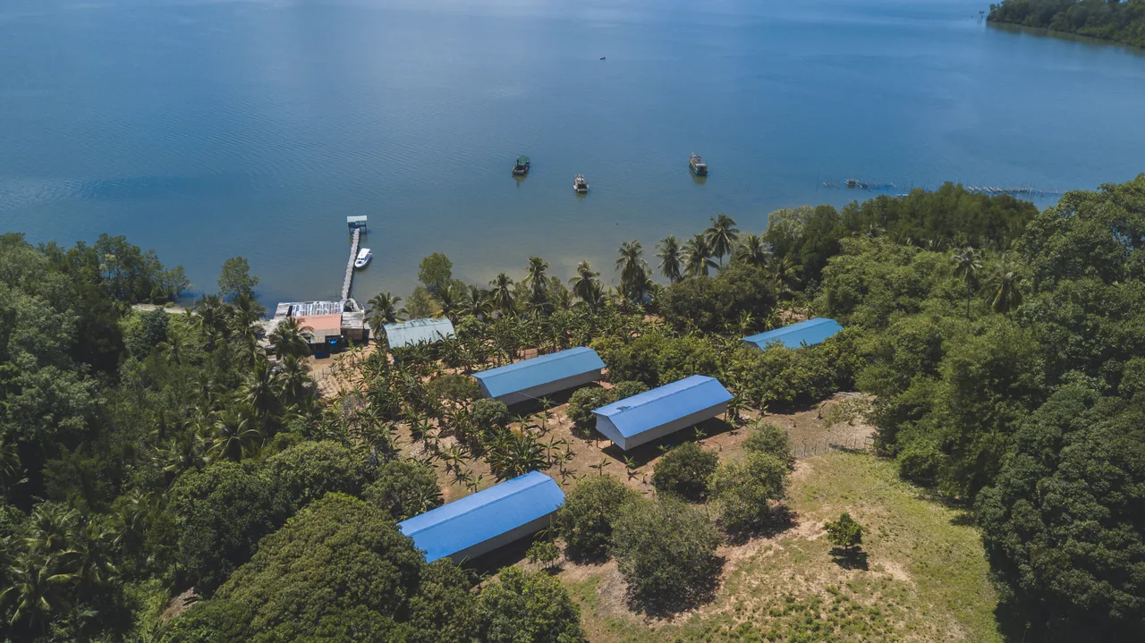 An aerial view of swiftlet houses beside the sea